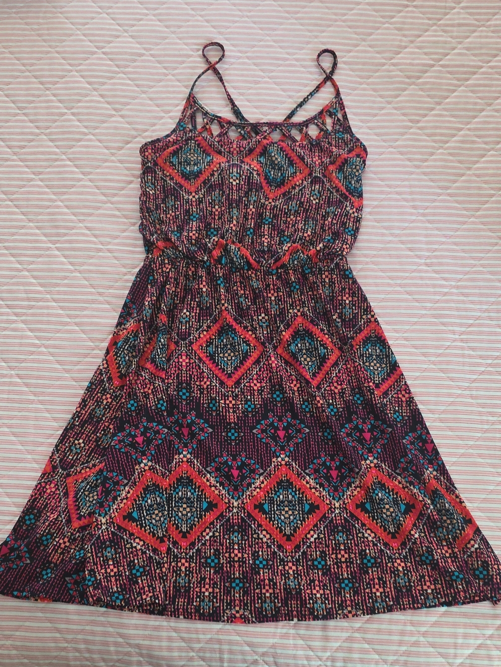 Maurices Black Dress with Pink, Teal and Orange Geometric Print XS
